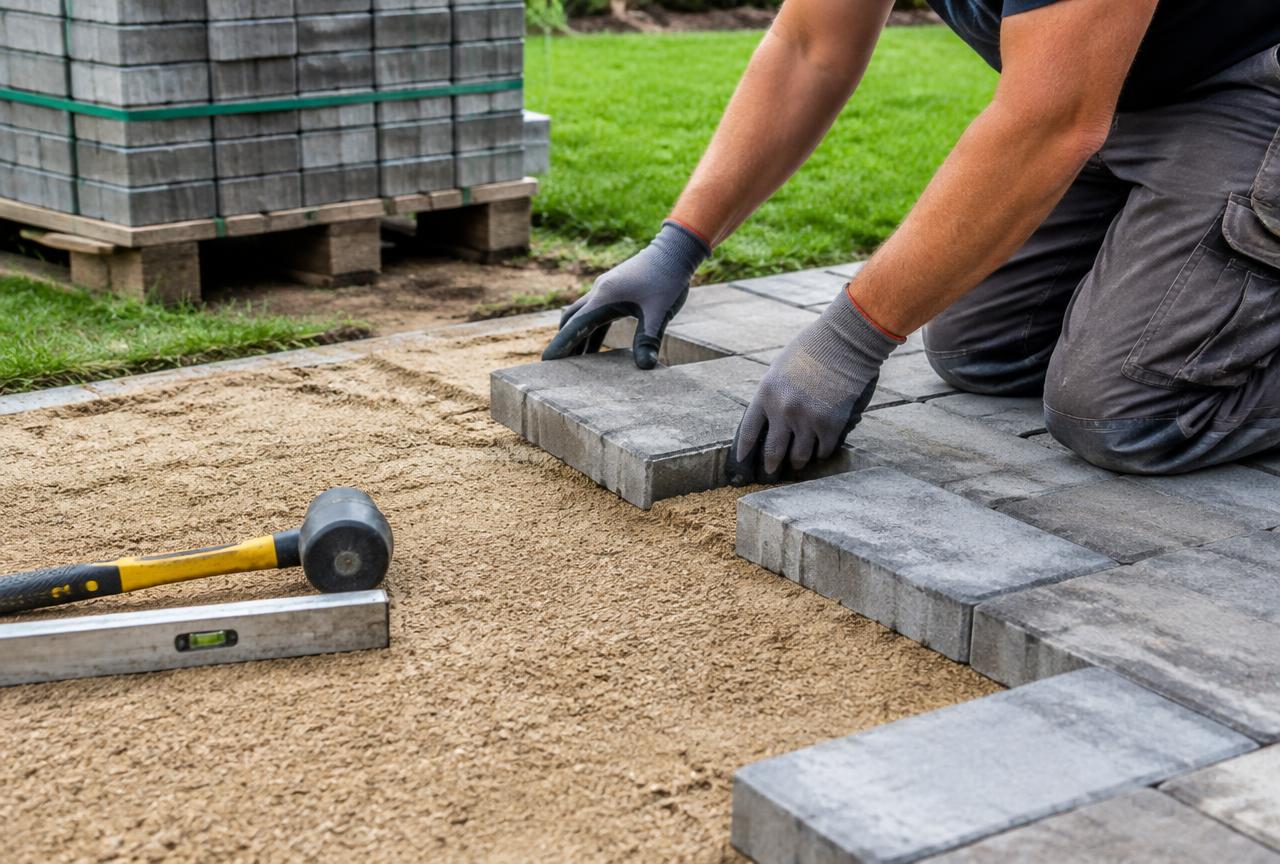 Landscaper laying pavers on a sand base