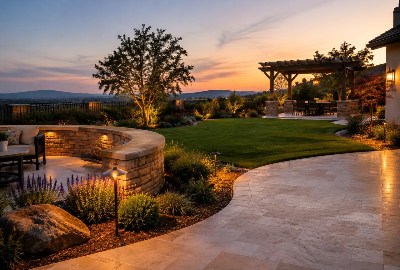 Backyard patio, seat wall and pergola lit at dusk