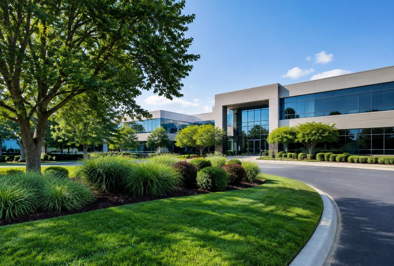 Landscaped entrance of an office building with lawn and ornamental grasses