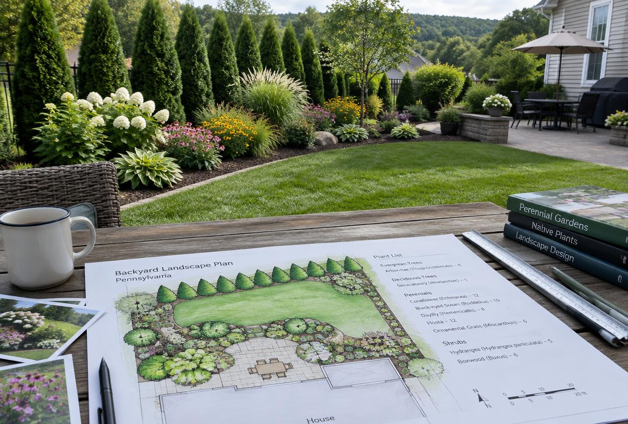 Landscape design plan on a table next to a planted backyard with privacy trees