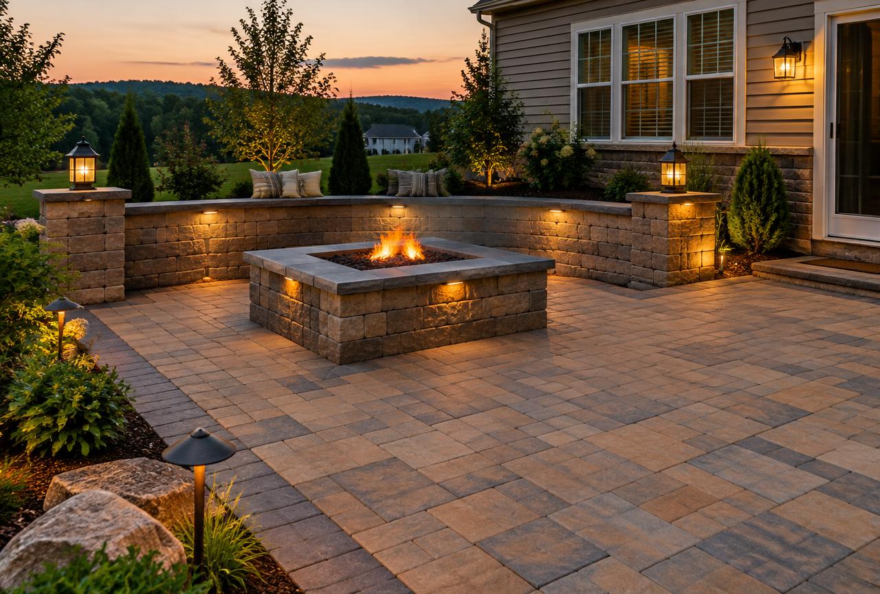 Paver patio with a stone fire pit and seat wall lit at dusk