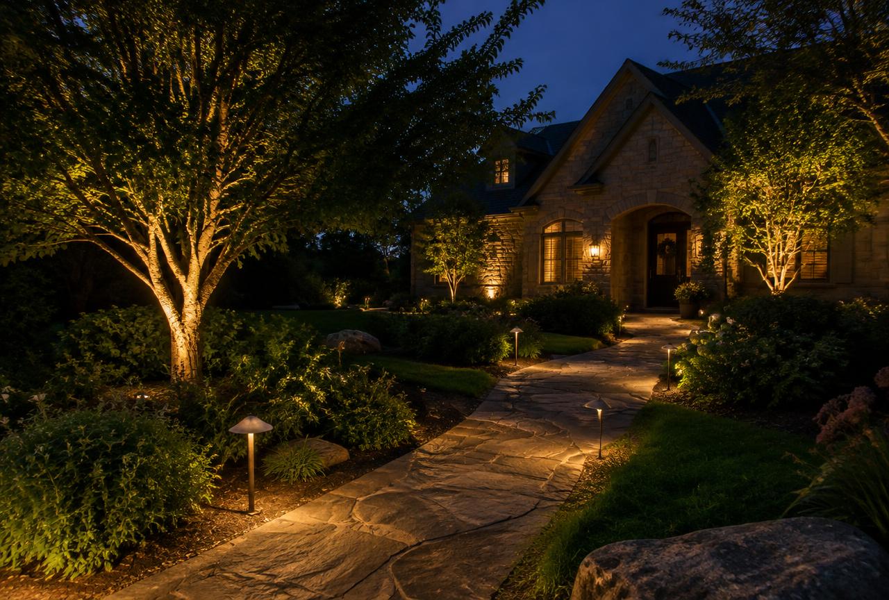 Stone home at night with warm lights on trees and a flagstone path