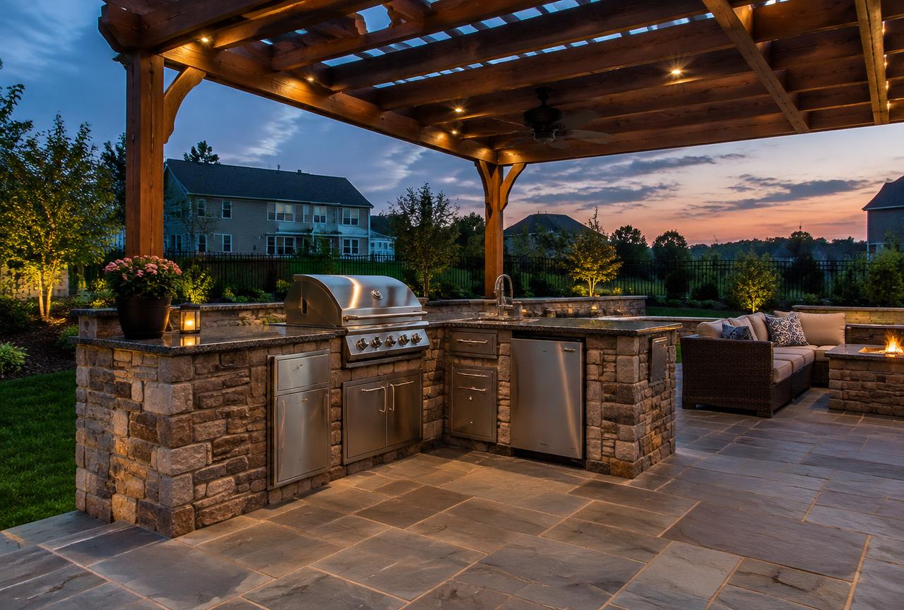 Stone outdoor kitchen with grill under a wood pergola at dusk
