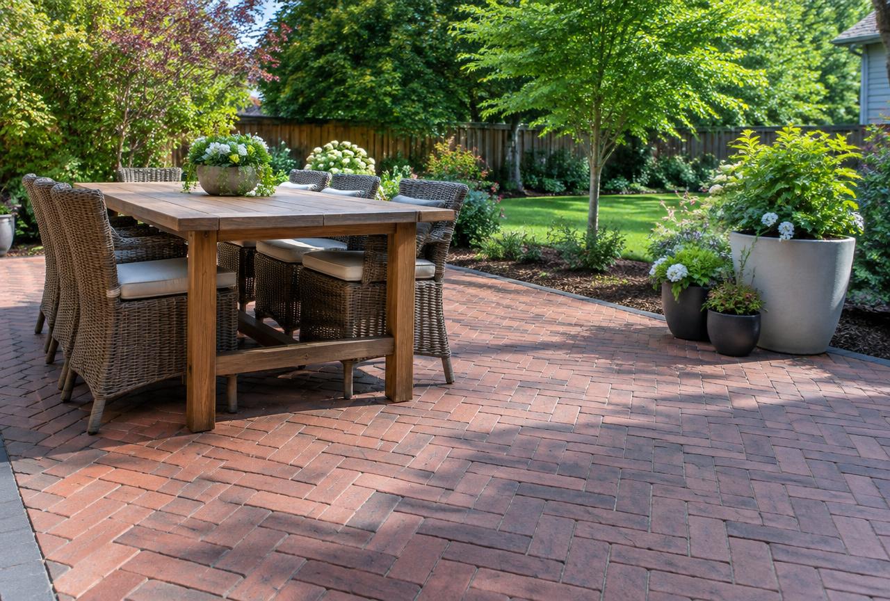 Herringbone brick paver patio with an outdoor dining table