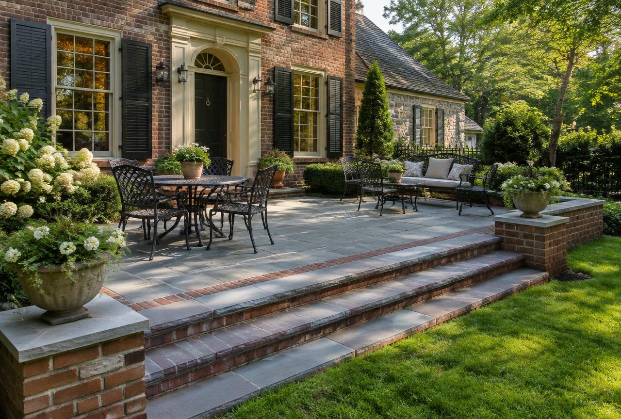 Paver patio with a stone fire pit and seat wall lit at dusk