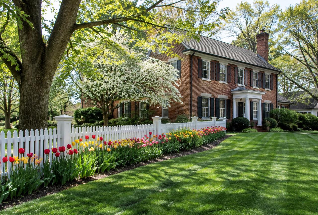 Freshly mowed striped lawn in front of a white farmhouse