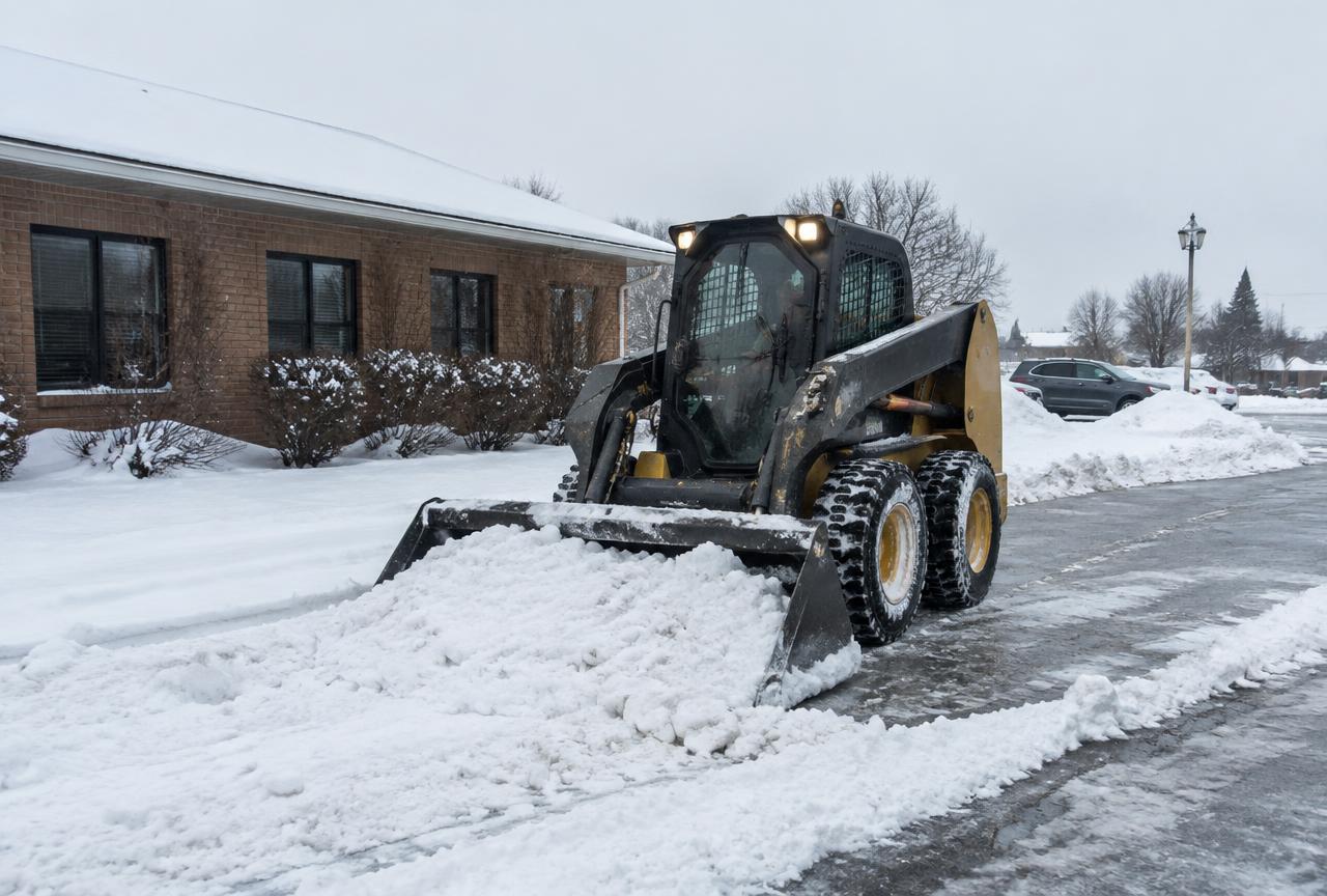 Snow plow truck clearing a parking lot at sunrise