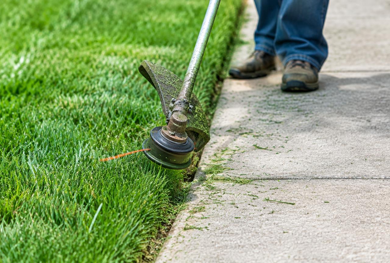 Freshly mowed striped lawn in front of a white farmhouse