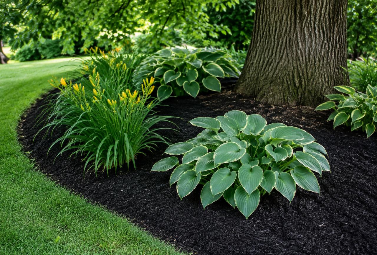 Fresh dark mulch beds with crisp edges and fall leaves on the lawn