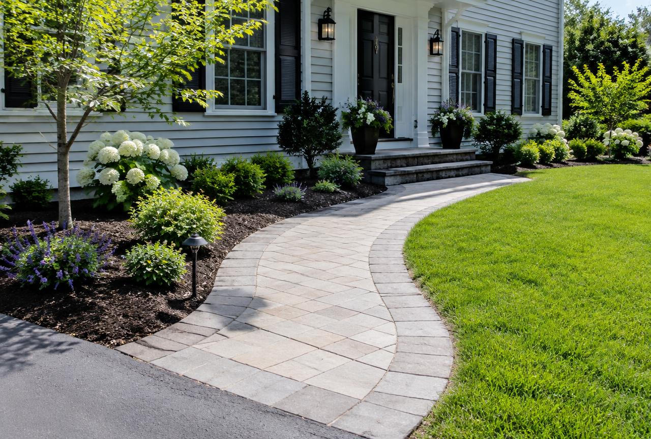 Paver patio with a stone fire pit and seat wall lit at dusk