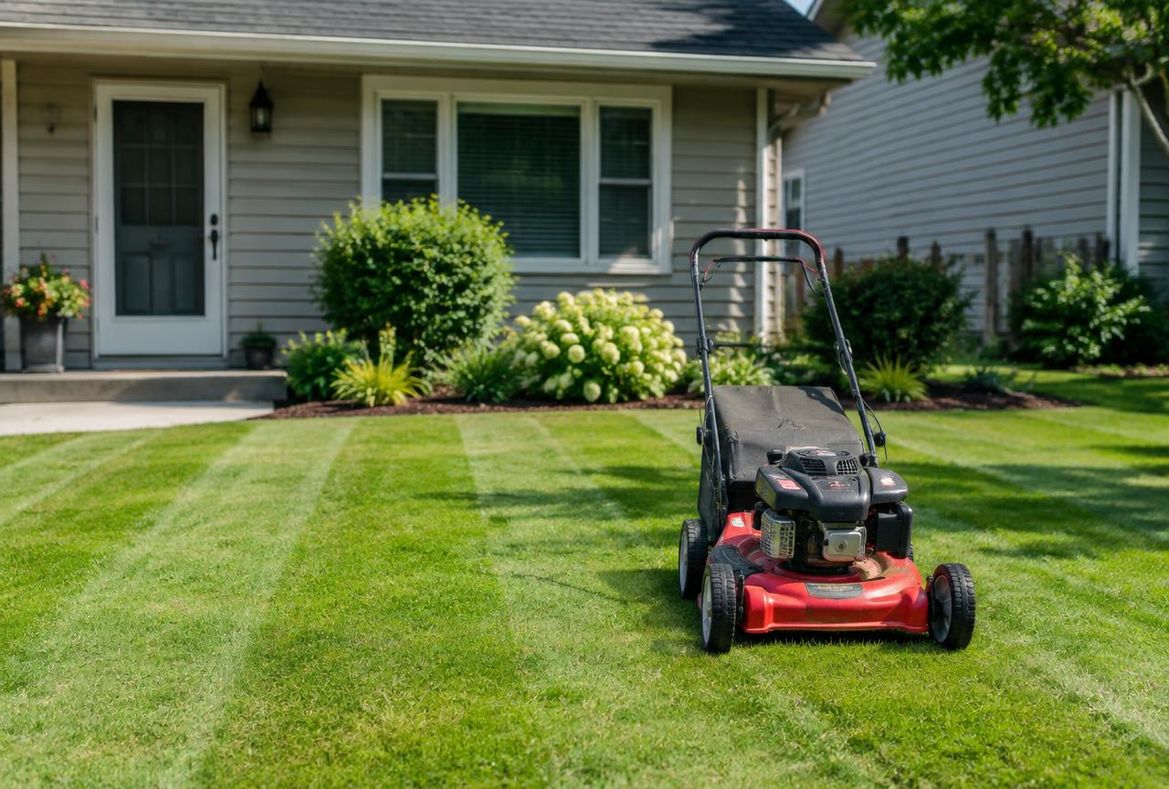 Freshly mowed striped lawn in front of a white farmhouse
