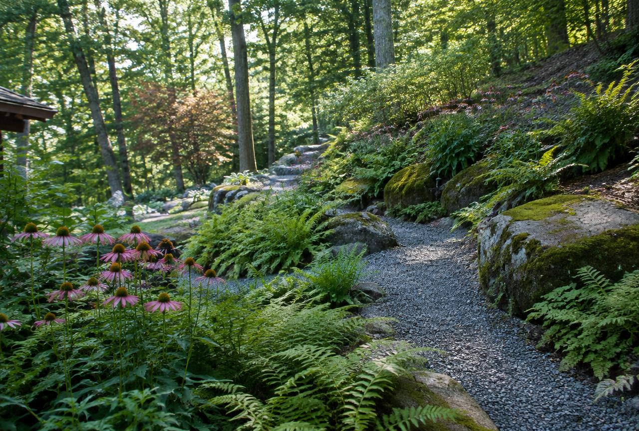 Landscape design plan on a table next to a planted backyard with privacy trees