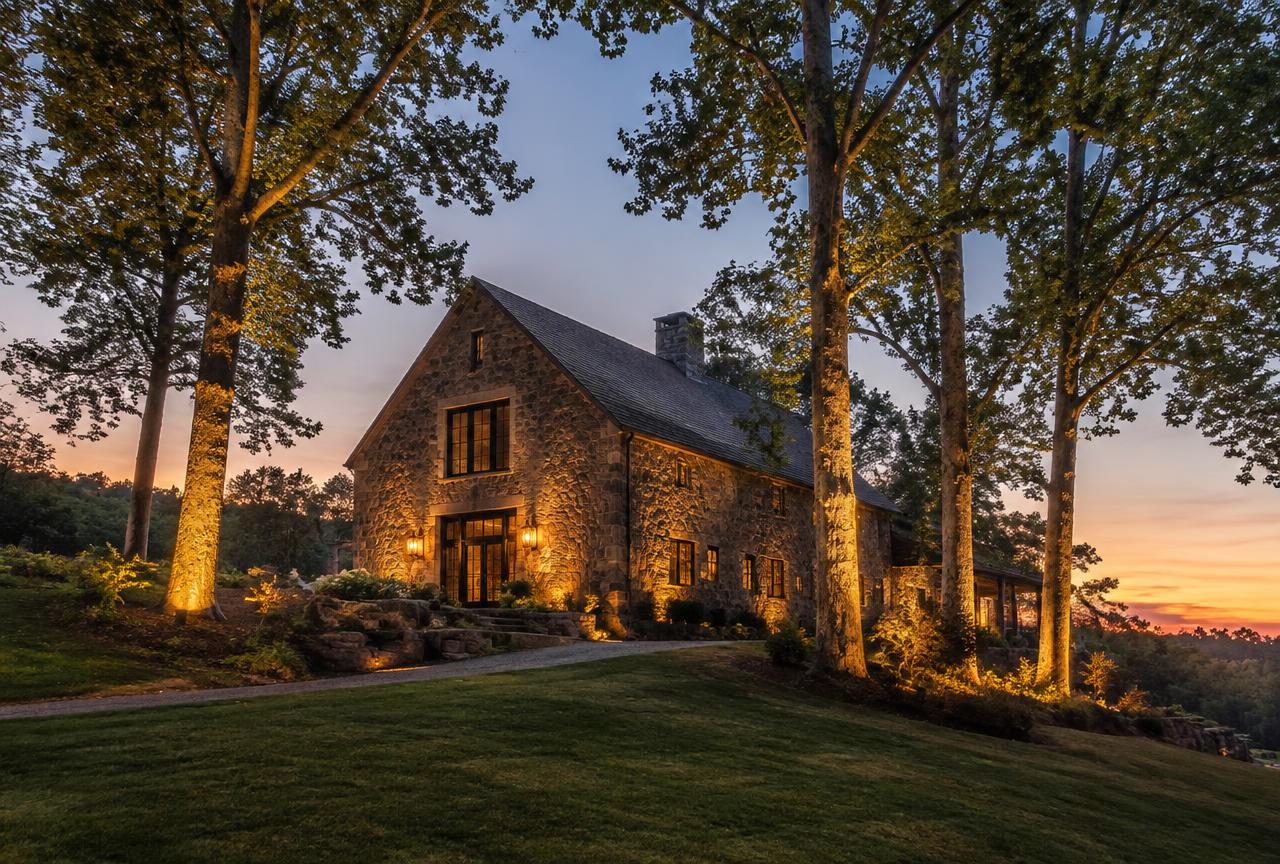 Stone home at night with warm lights on trees and a flagstone path