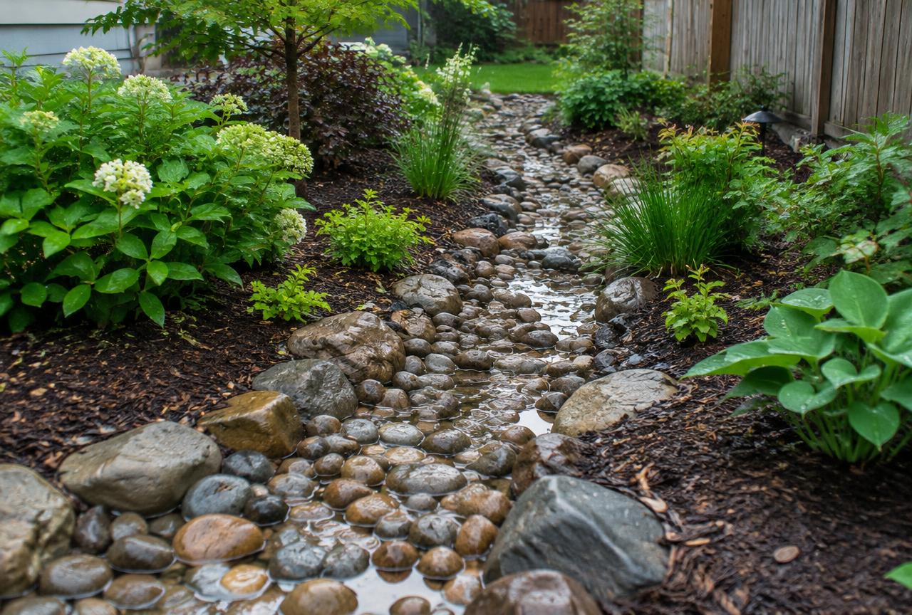 French drain trench with gravel and perforated pipe along a house