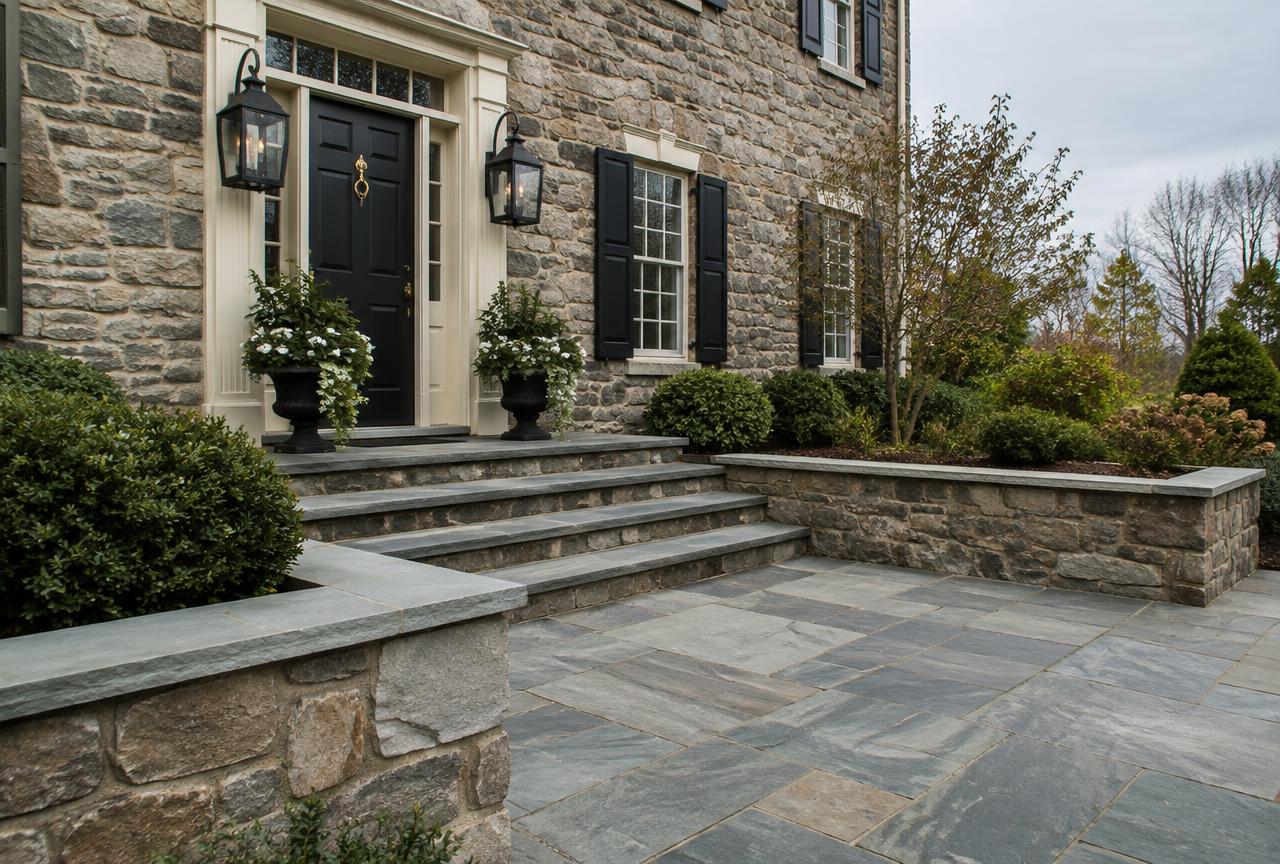 Paver patio with a stone fire pit and seat wall lit at dusk