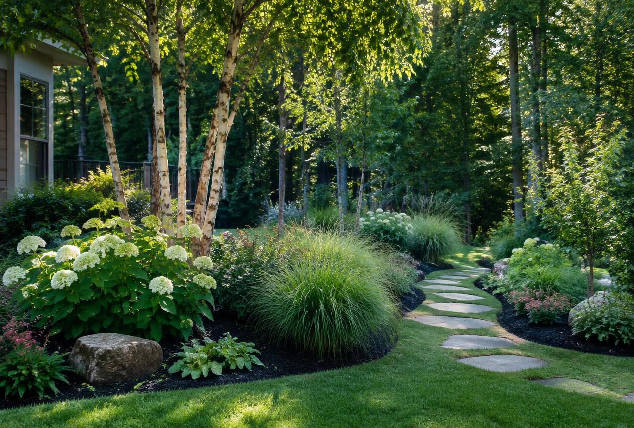 Landscape design plan on a table next to a planted backyard with privacy trees