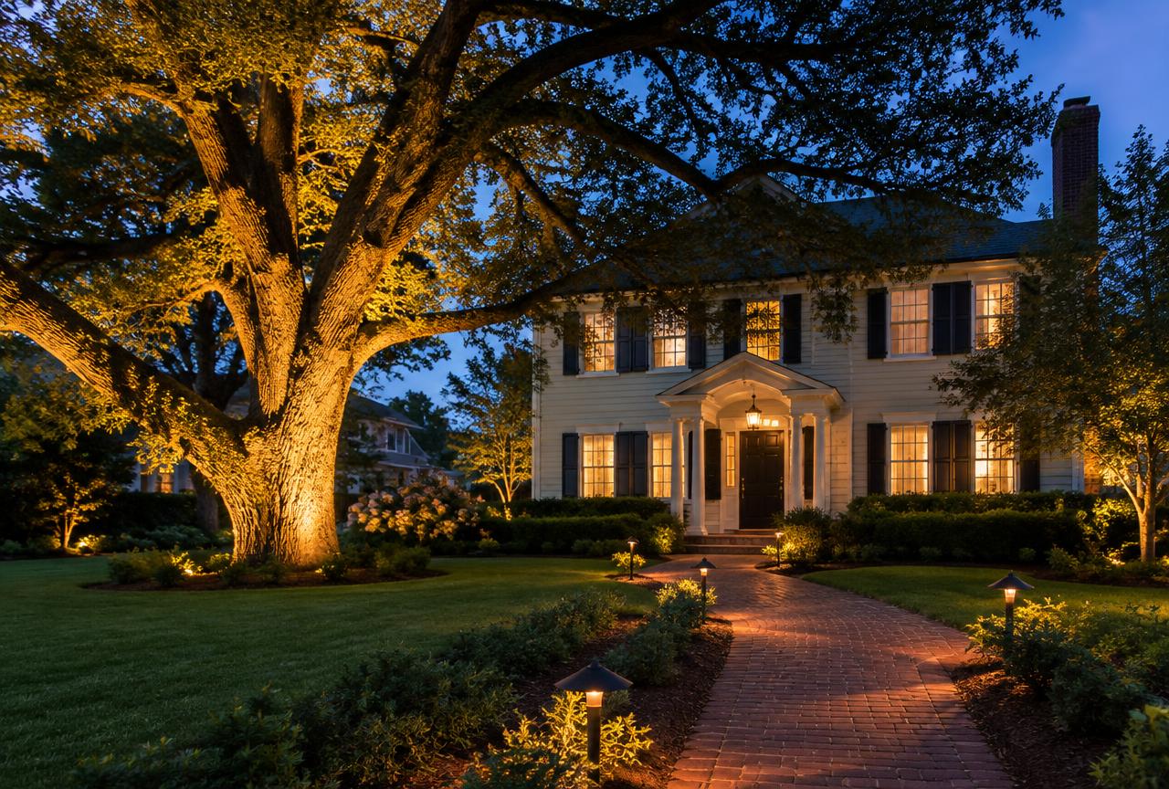 Stone home at night with warm lights on trees and a flagstone path