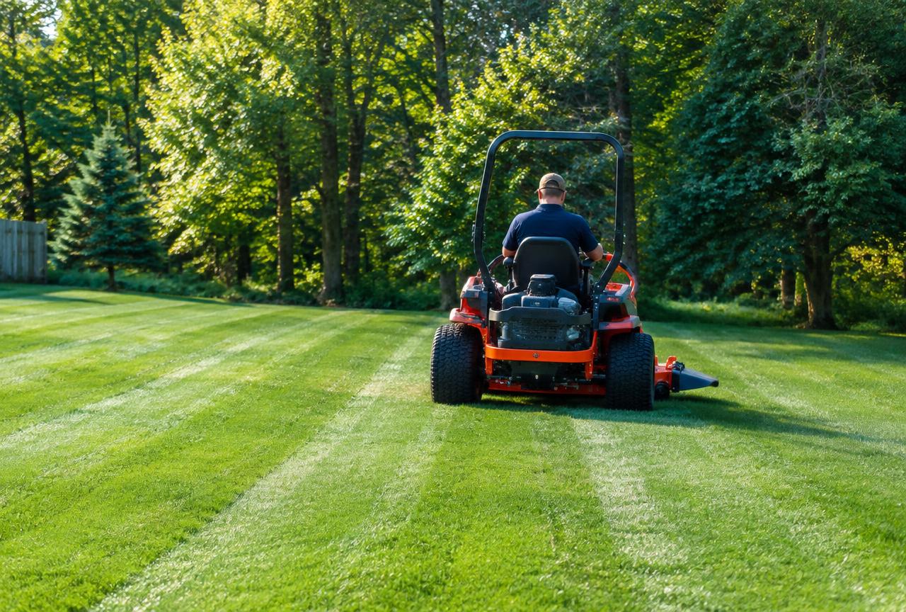 Freshly mowed striped lawn in front of a white farmhouse