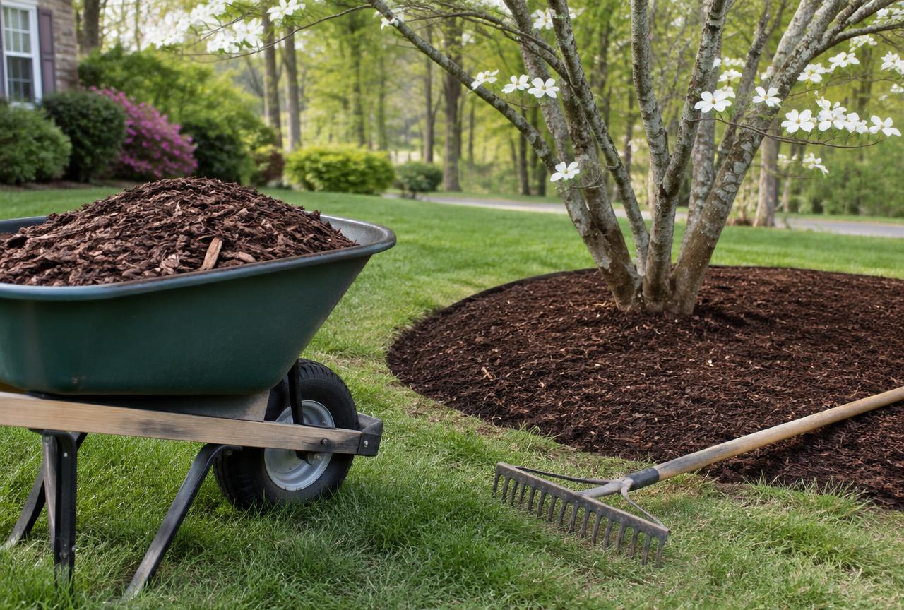 Fresh dark mulch beds with crisp edges and fall leaves on the lawn