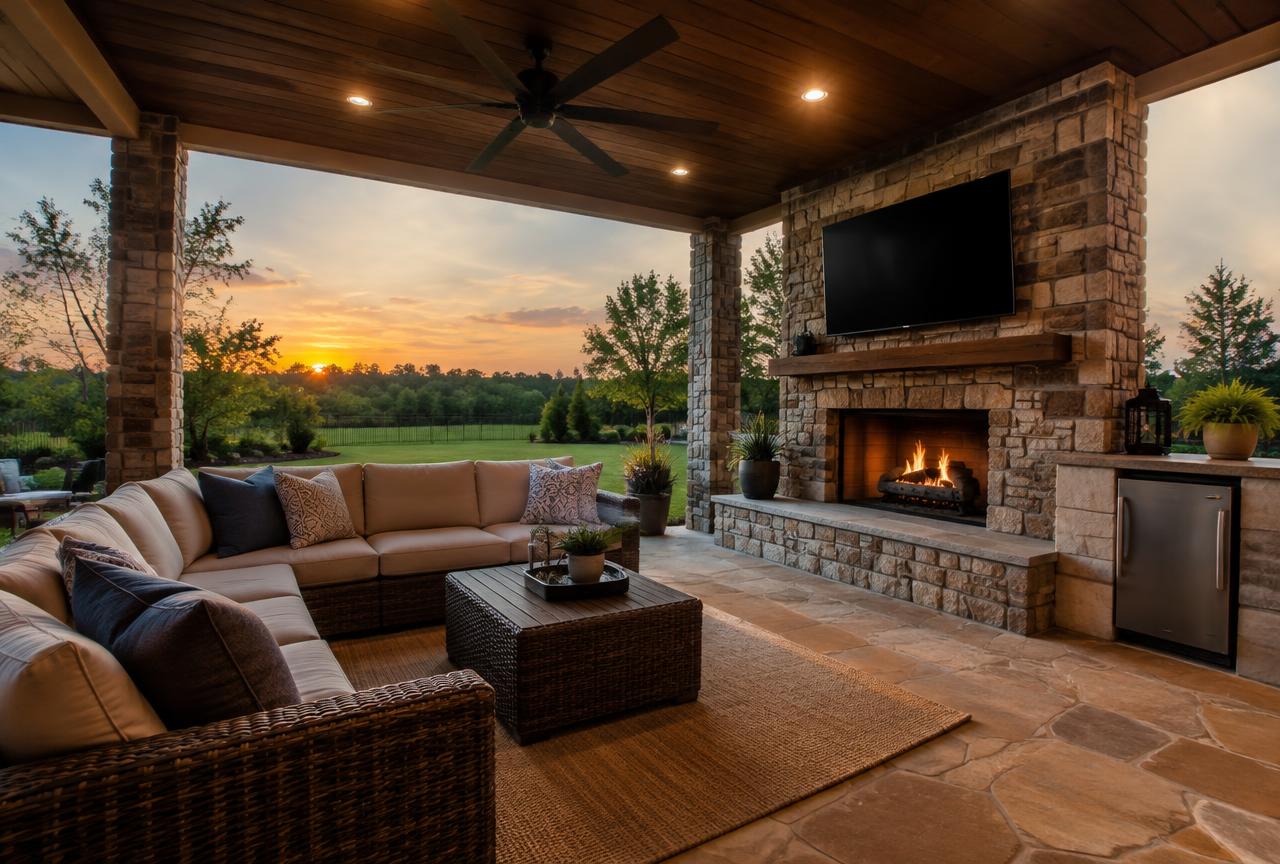 Stone outdoor kitchen with grill under a wood pergola at dusk