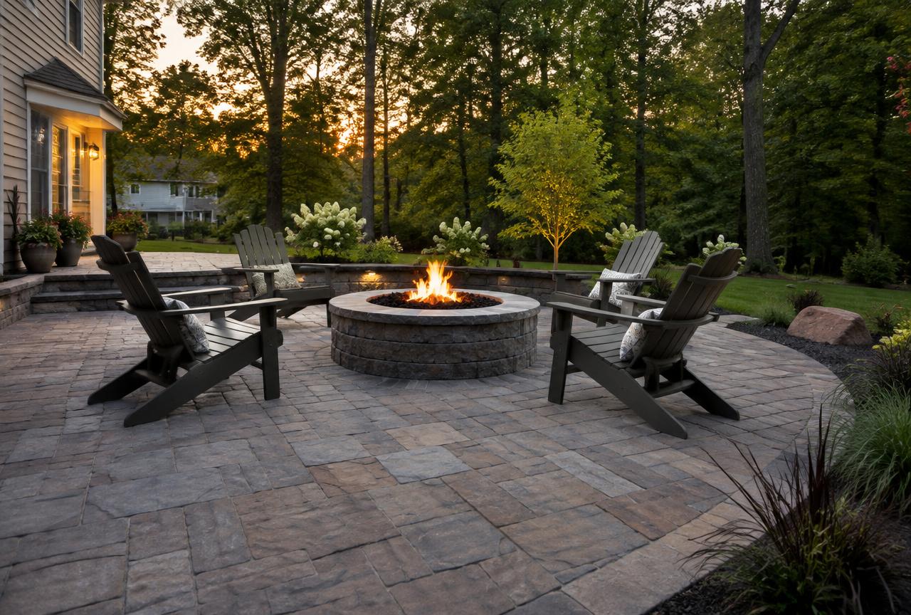 Herringbone brick paver patio with an outdoor dining table
