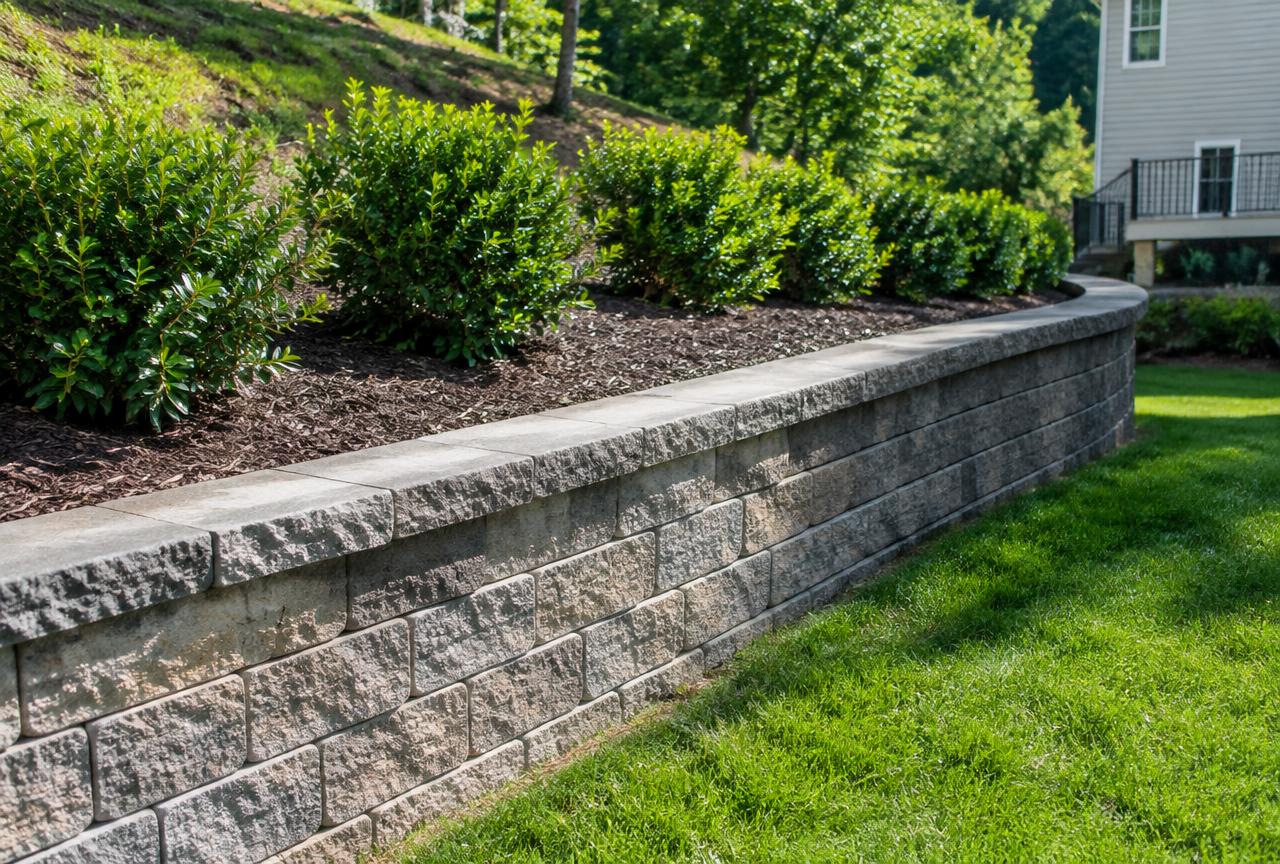 Tiered natural stone retaining wall with perennial plantings on a sloped yard