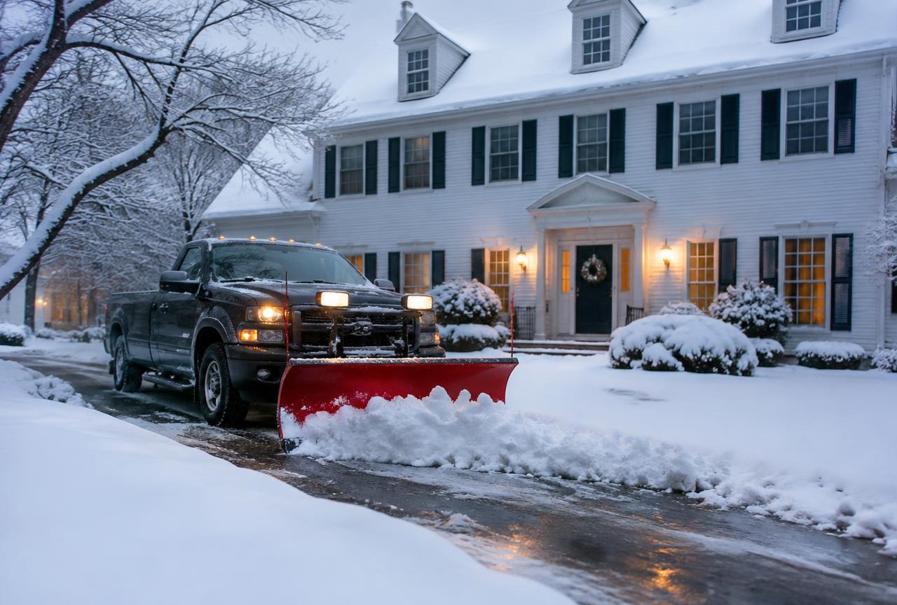 Snow plow truck clearing a parking lot at sunrise