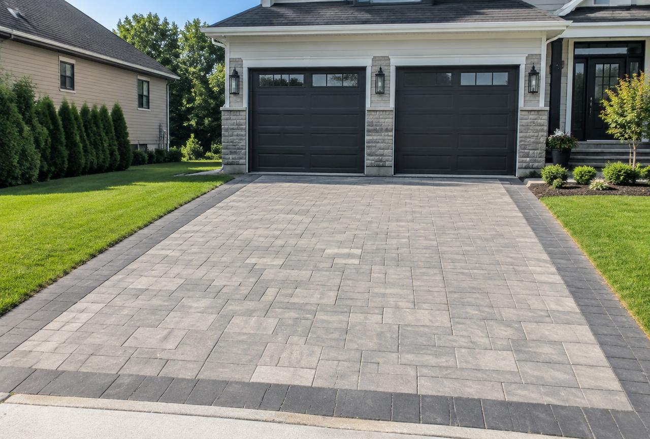 Paver patio with a stone fire pit and seat wall lit at dusk