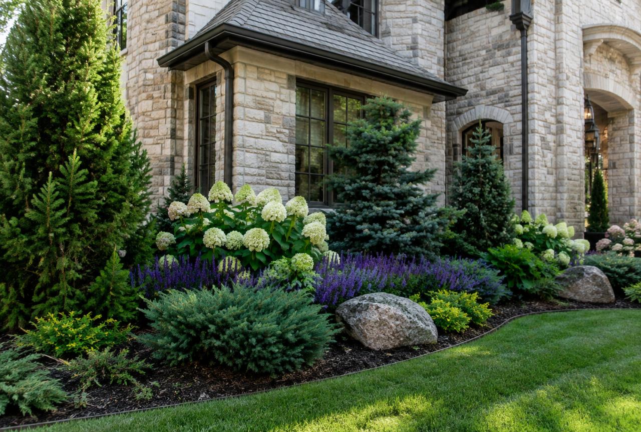 Landscape design plan on a table next to a planted backyard with privacy trees
