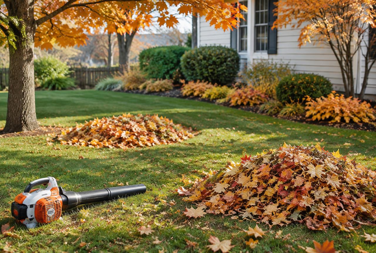 Fresh dark mulch beds with crisp edges and fall leaves on the lawn