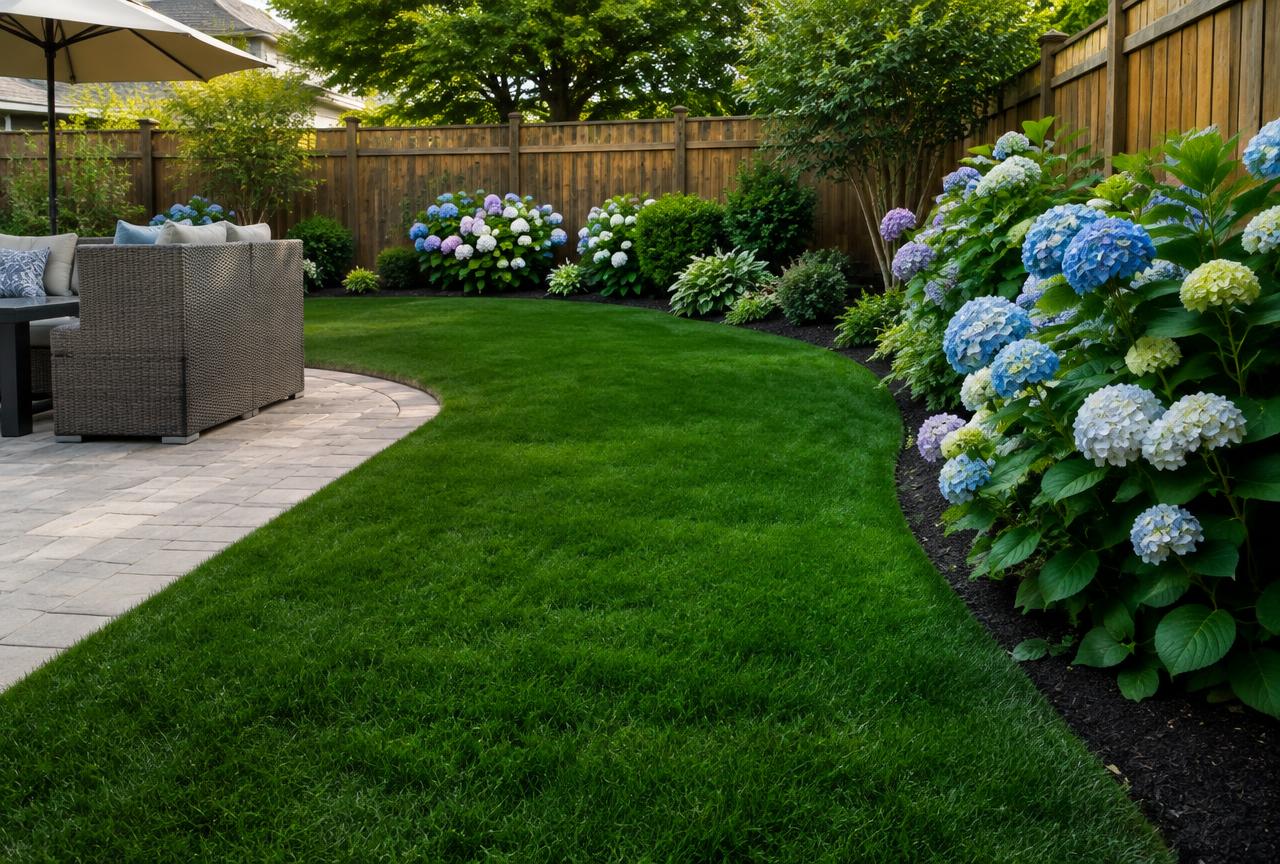 Freshly mowed striped lawn in front of a white farmhouse
