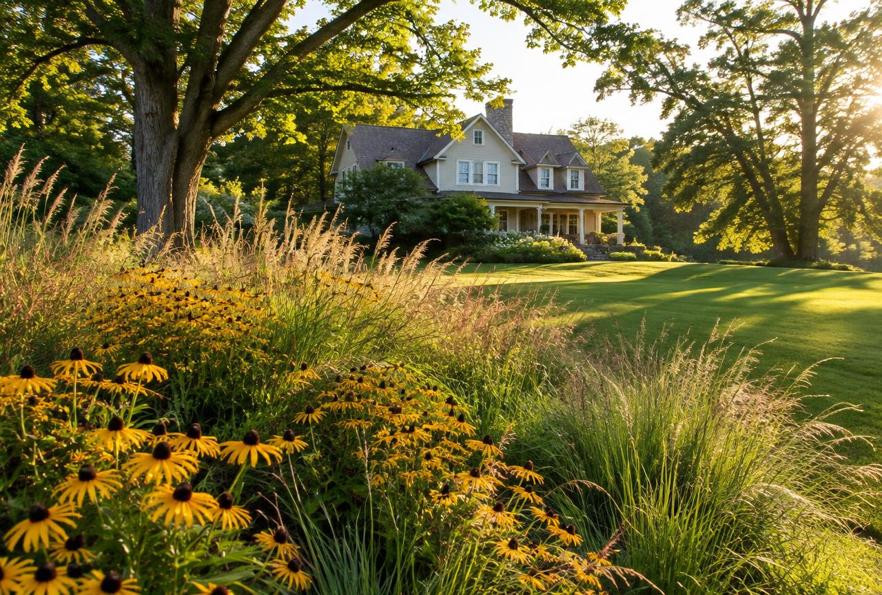 Landscape design plan on a table next to a planted backyard with privacy trees