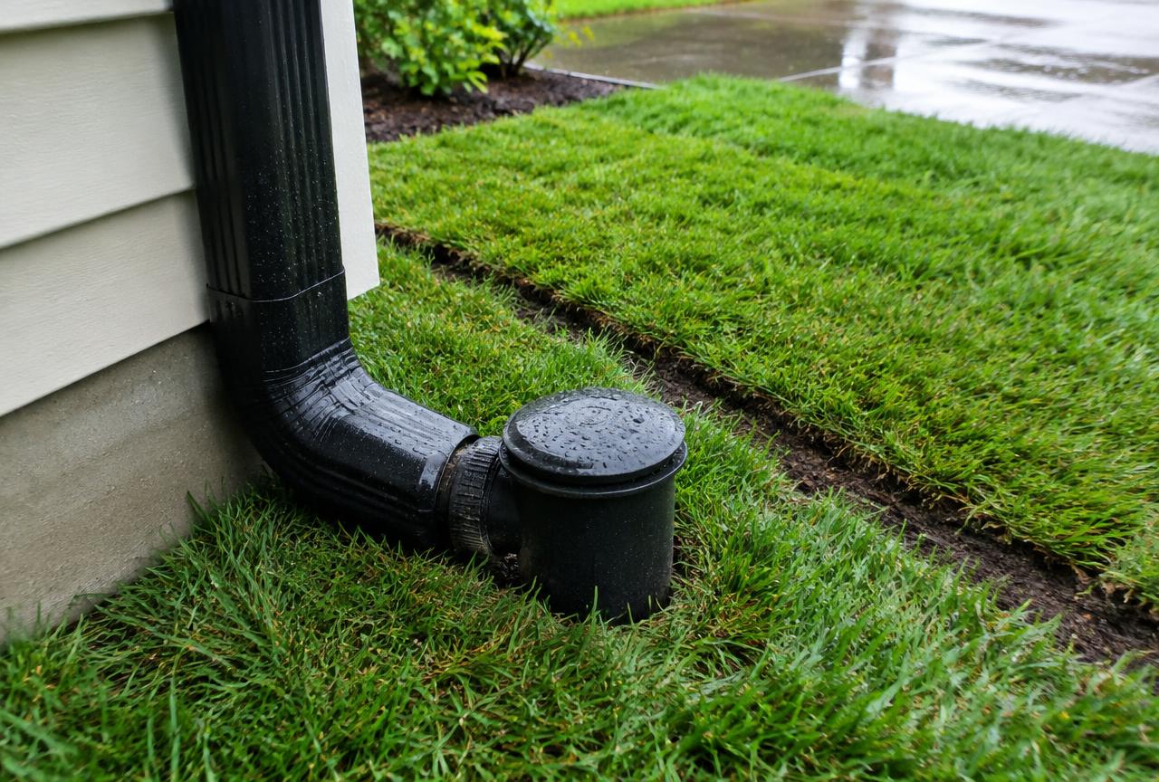 French drain trench with gravel and perforated pipe along a house