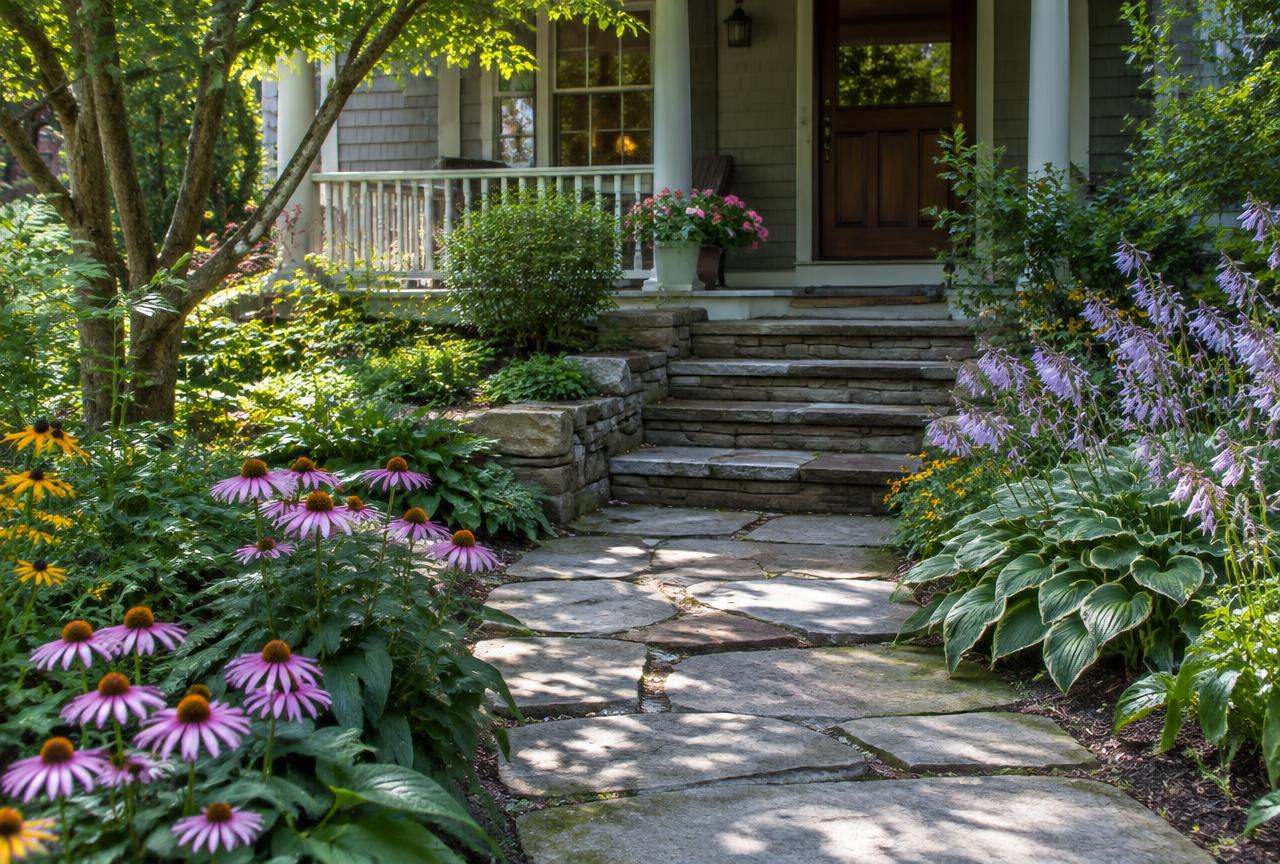 Paver patio with a stone fire pit and seat wall lit at dusk