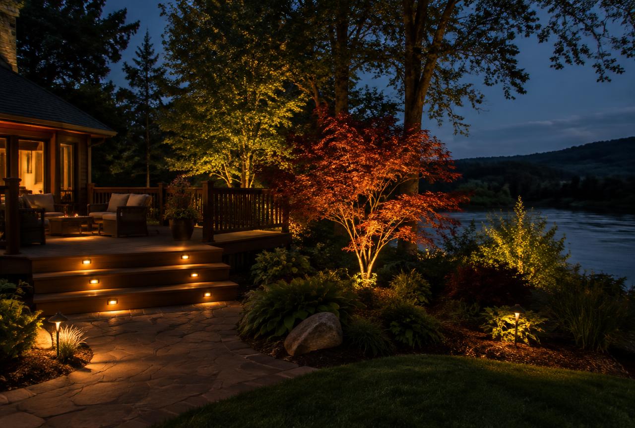 Stone home at night with warm lights on trees and a flagstone path